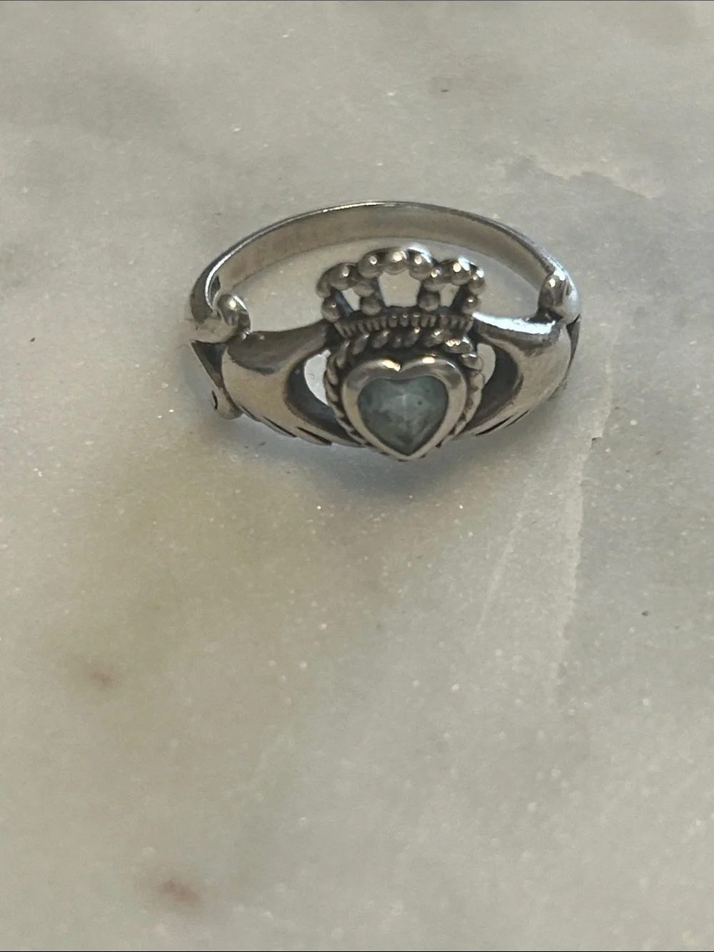 Sterling Silver Heart Crown Ring with Light Blue Aquamarine Stone